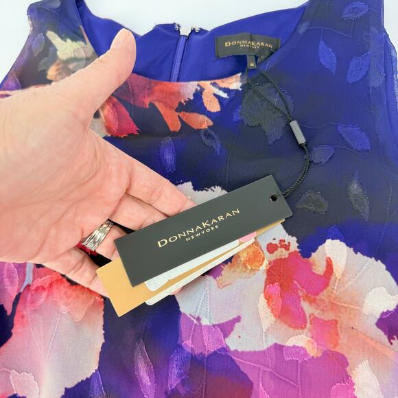 NEW DONNA KARAN 14 Sleeveless Asymmetrical Purple Floral Midi Women's Dress - Picture 4 of 14